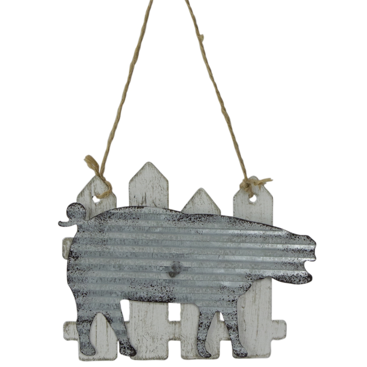 7 in. Country Rustic Pig & Picket Fence Christmas Ornament, White