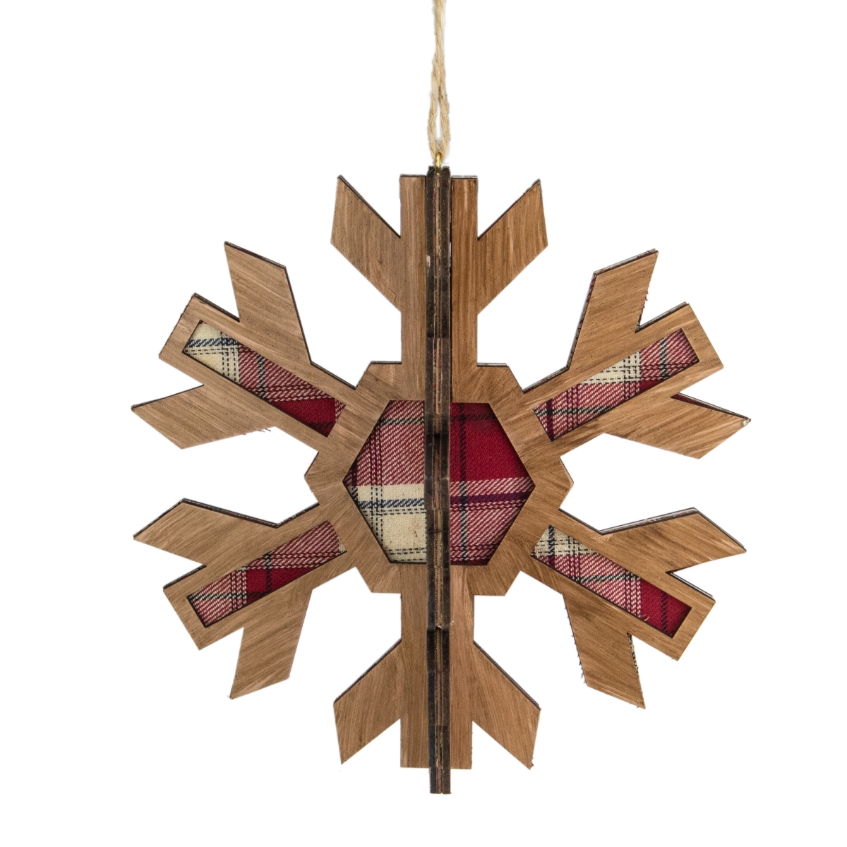 7 in. 3-D Faux Wood & Plaid Starburst Snowflake Christmas Ornament, Red
