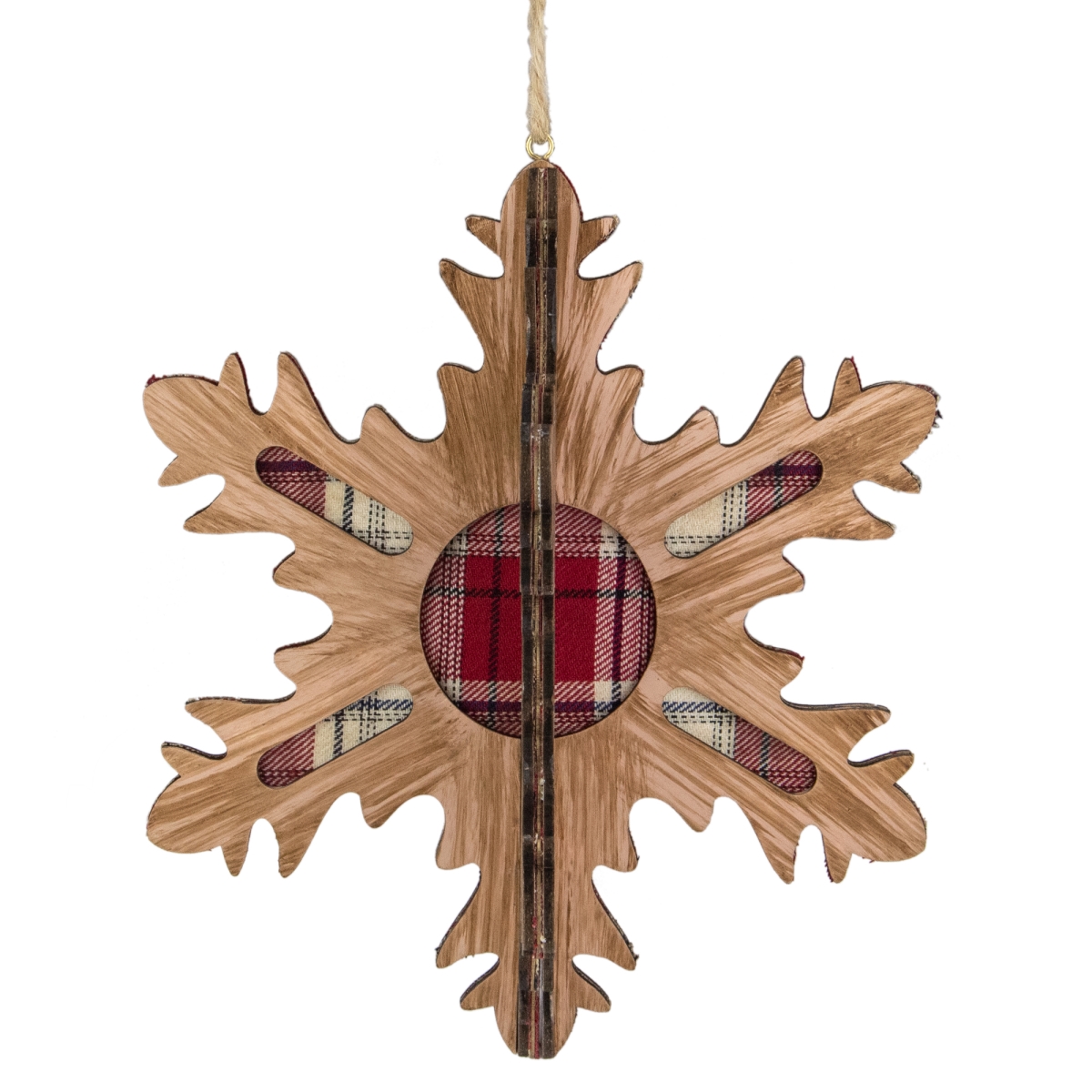 7 in. 3-D Faux Wood & Plaid 10 Point Snowflake Christmas Ornament, Red