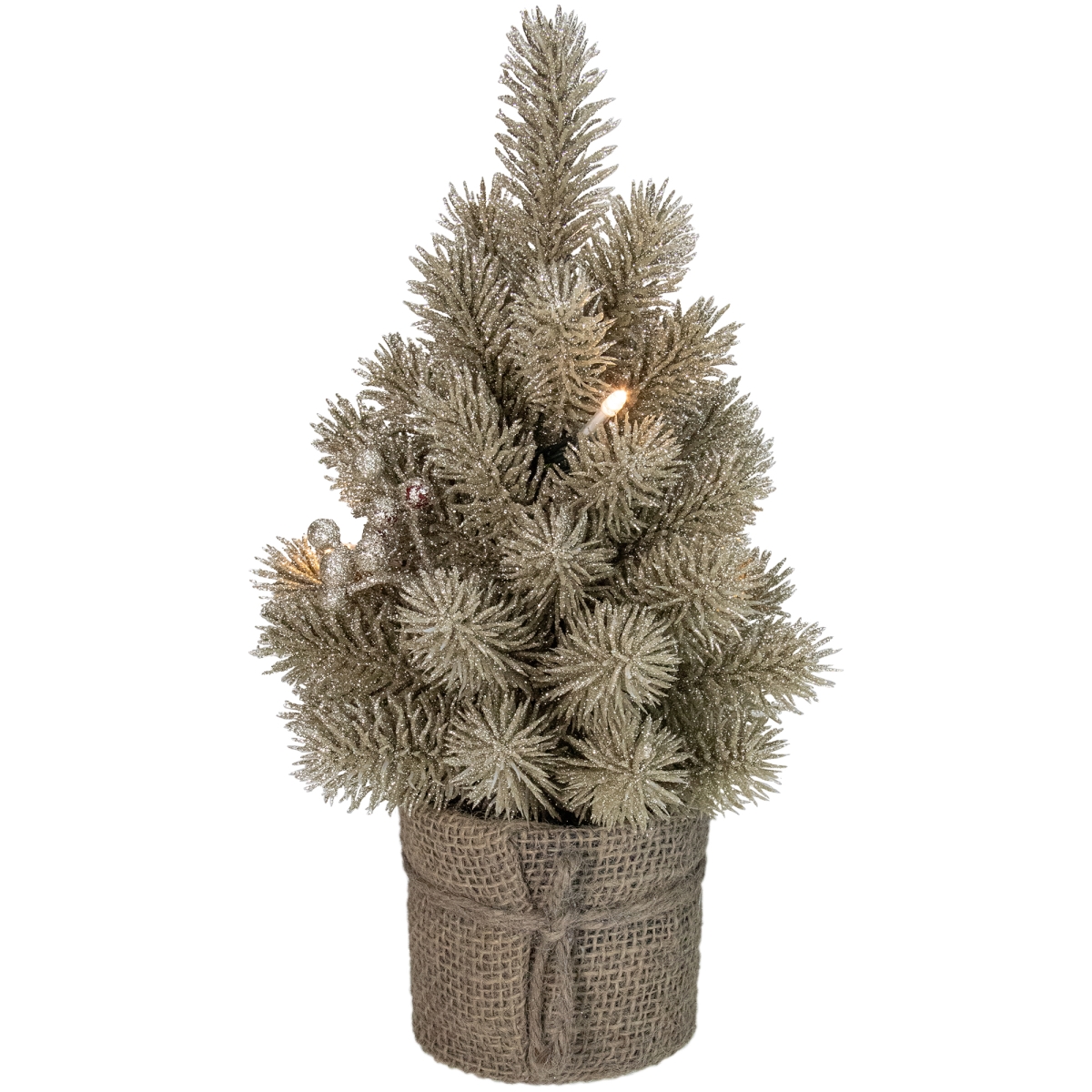 12 in. LED Pre-lit Metallic Glitter Artificial Christmas Tree with Burlap Base, Gold - Clear Lights