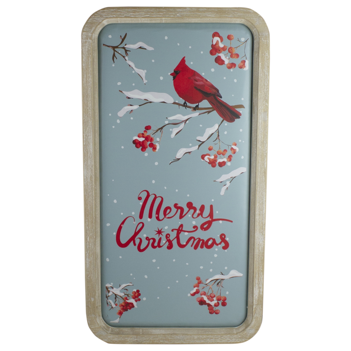 25.5 in. Wood Framed Merry Christmas Wall Decor with Red Cardinal, Blue & Red