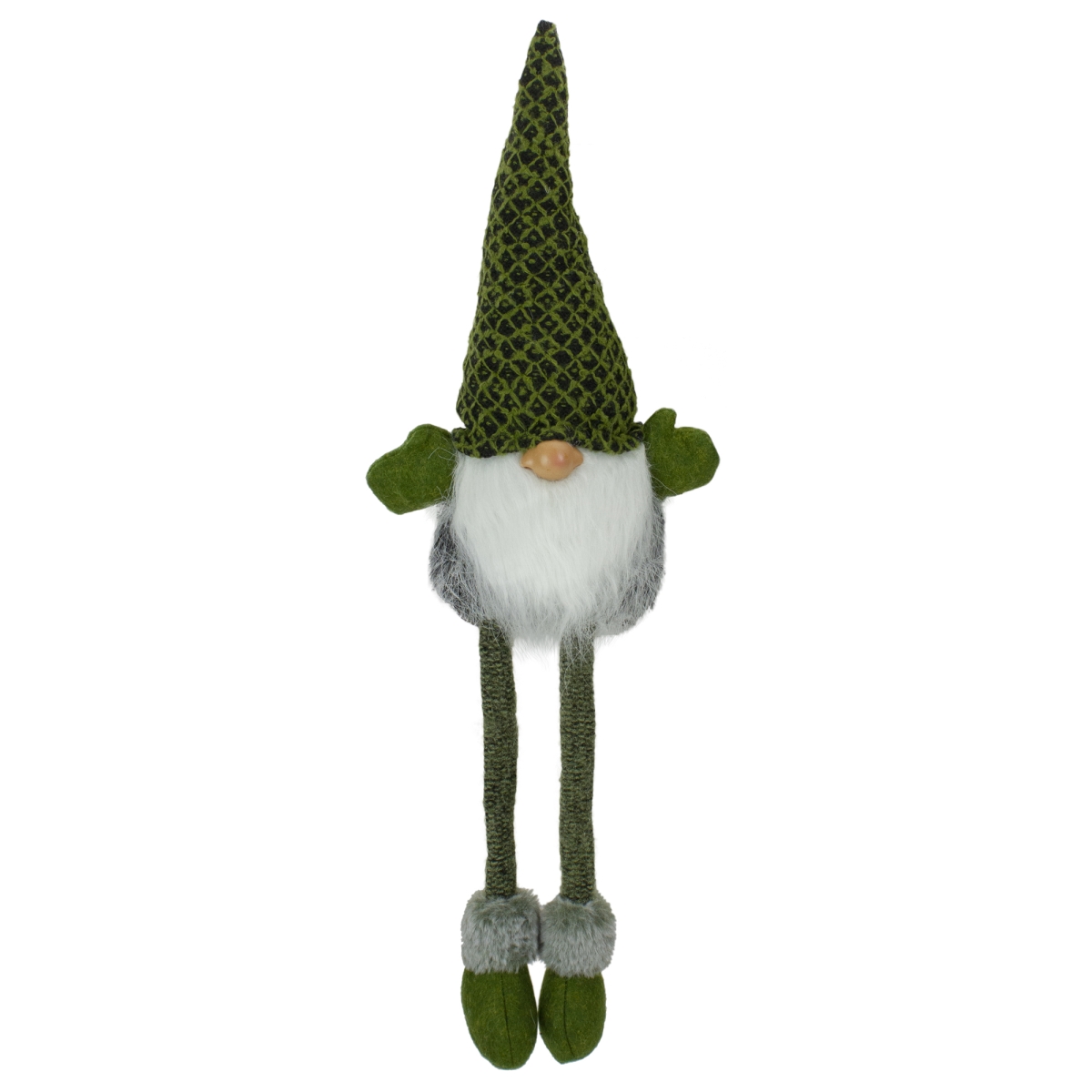 21 in. Sitting Boy Gnome with a White Beard Christmas Tabletop Decoration, Black & Dark Green