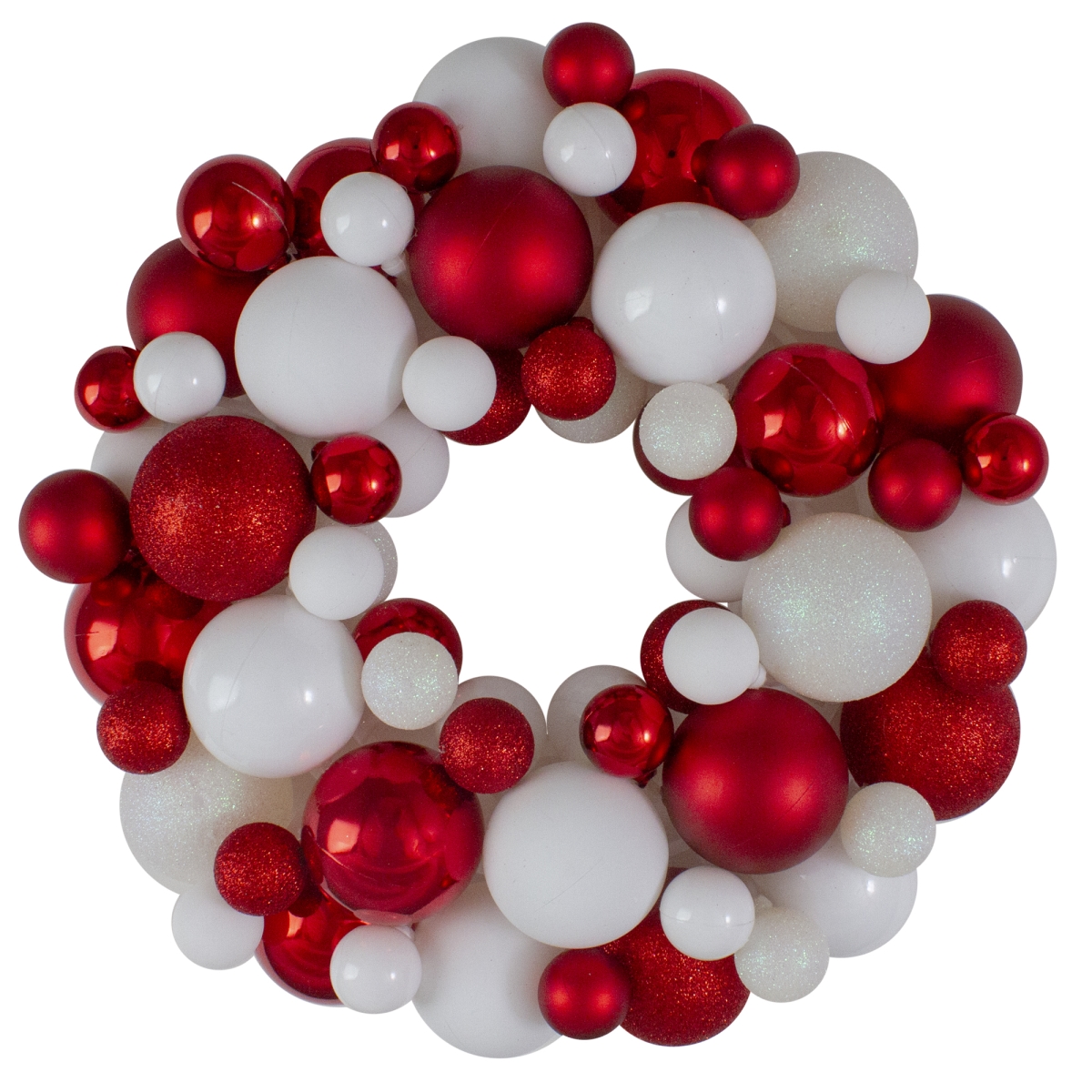 13 in. Unlit Red & White 3-Finish Shatterproof Ball Christmas Wreath