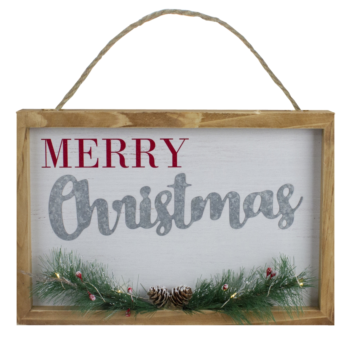 34315095 12 in. LED Lighted Merry Christmas Framed Wall Sign with Pine