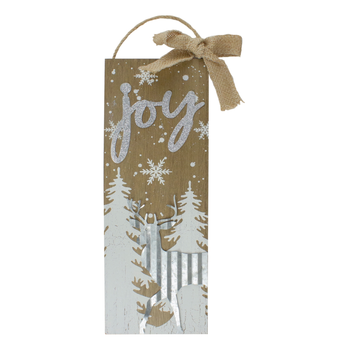 34315096 12.5 in. Trees & Snow with Metal Deer & Joy Wooden Christmas Wall Decor, White