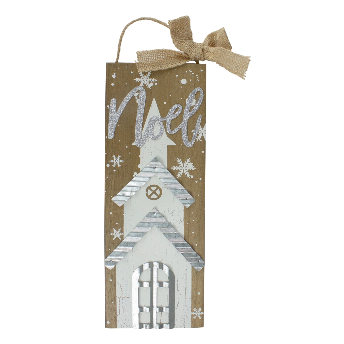 34315098 12.5 in. Church & Snowflakes with Metal Noel Wooden Christmas Wall Decoration, White