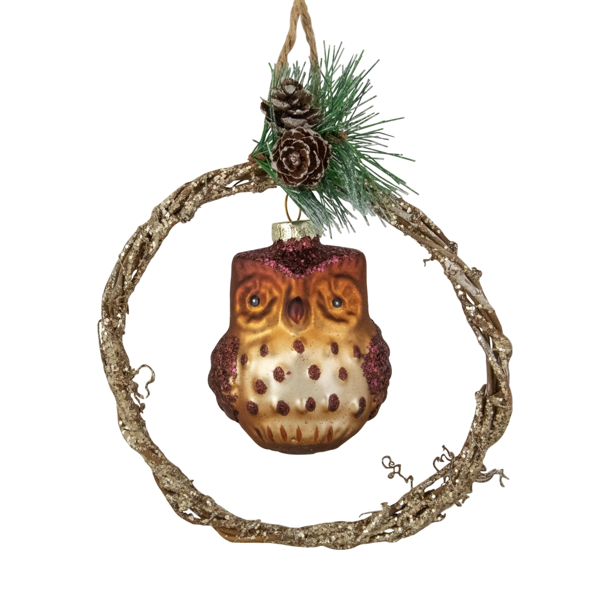 34294710 5.25 in. Glass Owl in a Twig Wreath Christmas Ornament, Brown