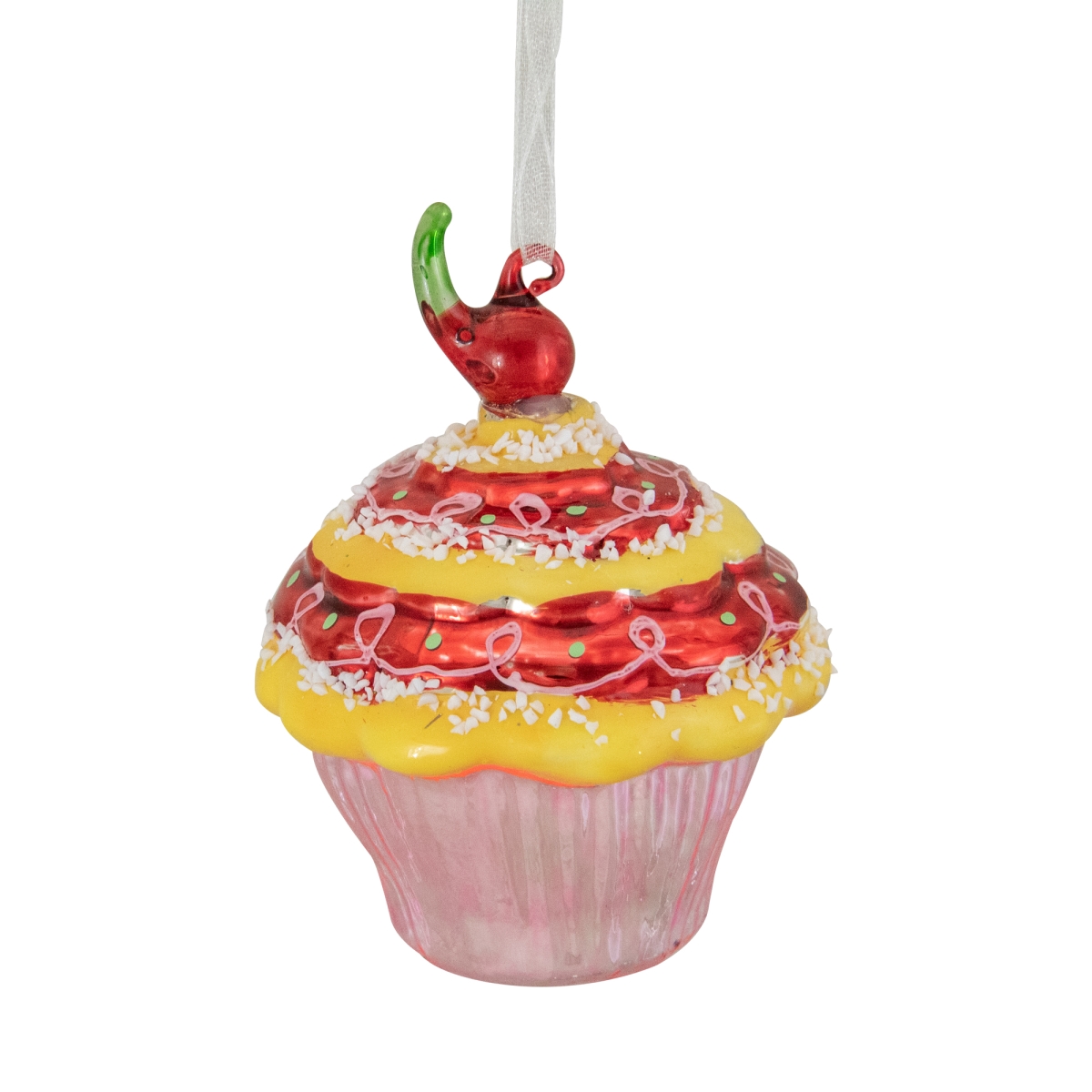 34294771 3 in. Cupcake with Cherry Glass Christmas Ornament, Red & Yellow