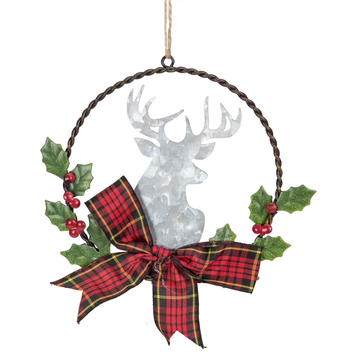 34687889 5.5 in. Wreath & Galvanized Moose Christmas Ornament with Plaid Bow
