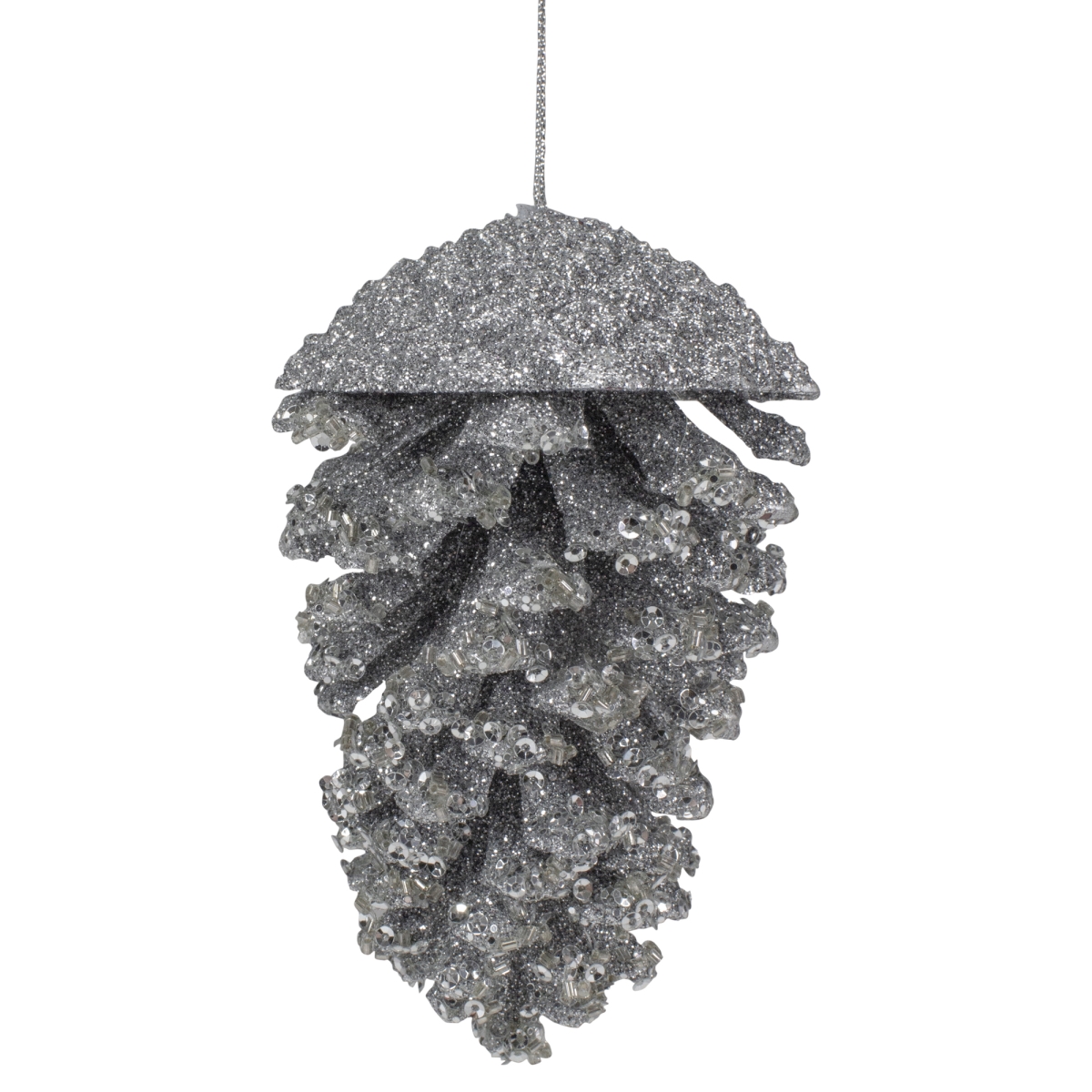 34687894 5 in. Glitter & Sequins Pine Cone Christmas Ornament, Silver