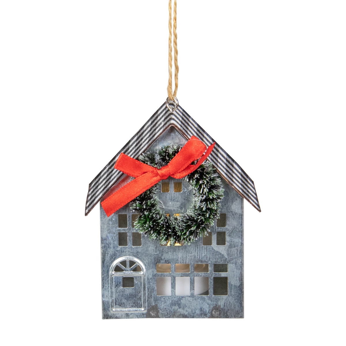 34687907 3.5 in. LED Lighted Galvanized House with Wreath Christmas Ornament