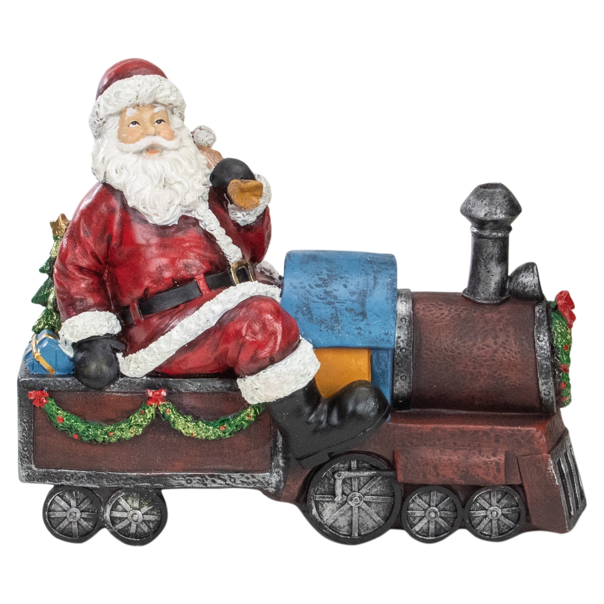 34338781 14 in. Santa on Train Christmas Tabletop Decoration, Red & Blue