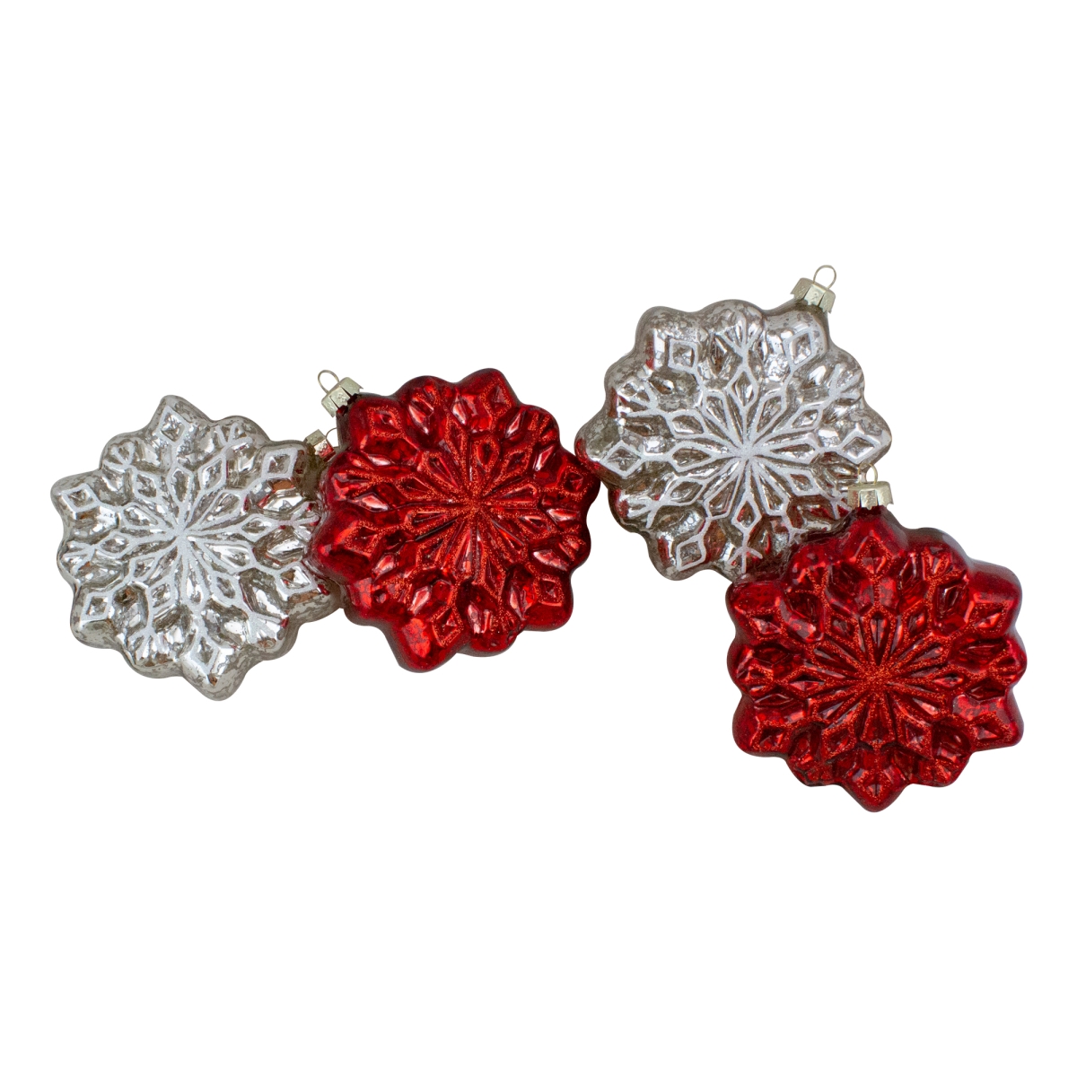 34313337 3.75 in. Red & Silver Glass Snowflake Hanging Christmas Decorations - 4 Count -  NorthLight