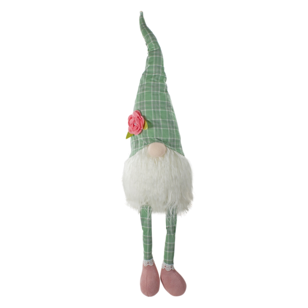 Picture of NorthLight 34739096 28 in. Plaid Spring Gnome Table Top Figure with Dangling Legs&#44; Green & White