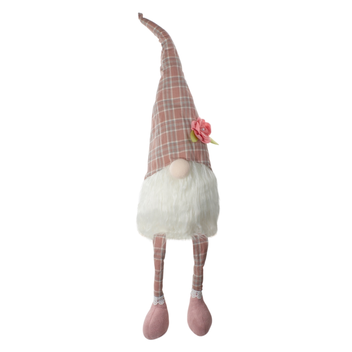 Picture of NorthLight 34739097 29 in. Plaid Spring Gnome Table Top Figure with Dangling Legs&#44; Pink & White