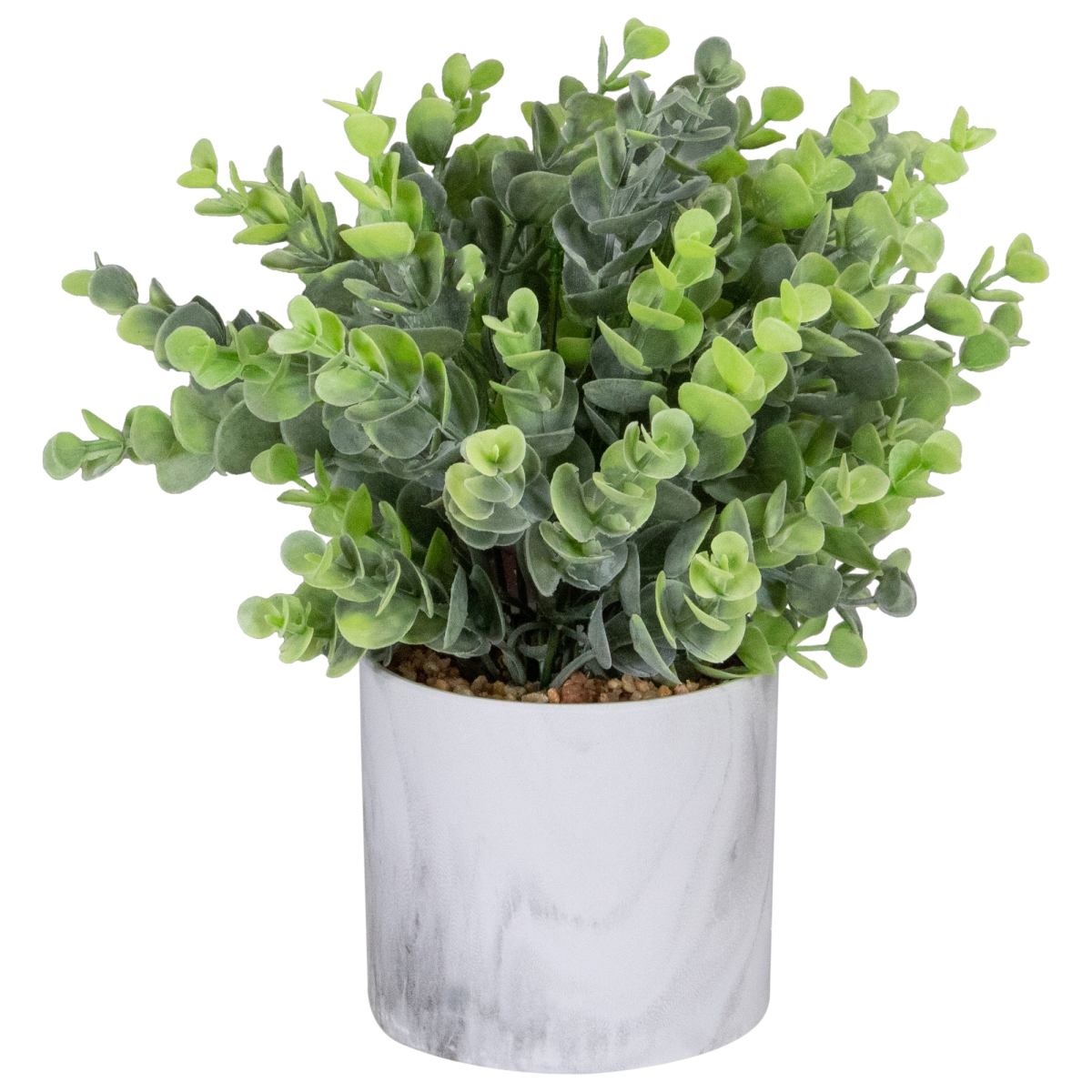 34738352 9 in. Artificial Eucalyptus in Marble Style White Pot, Green