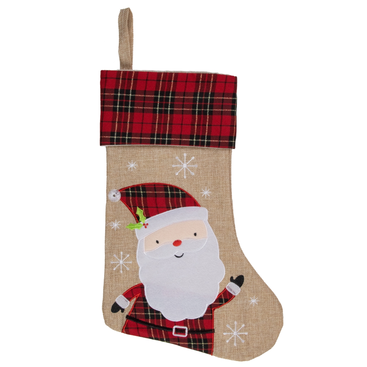 34314987 19 in. Burlap Plaid Whimsical Santa Waiving Christmas Stocking -  NorthLight