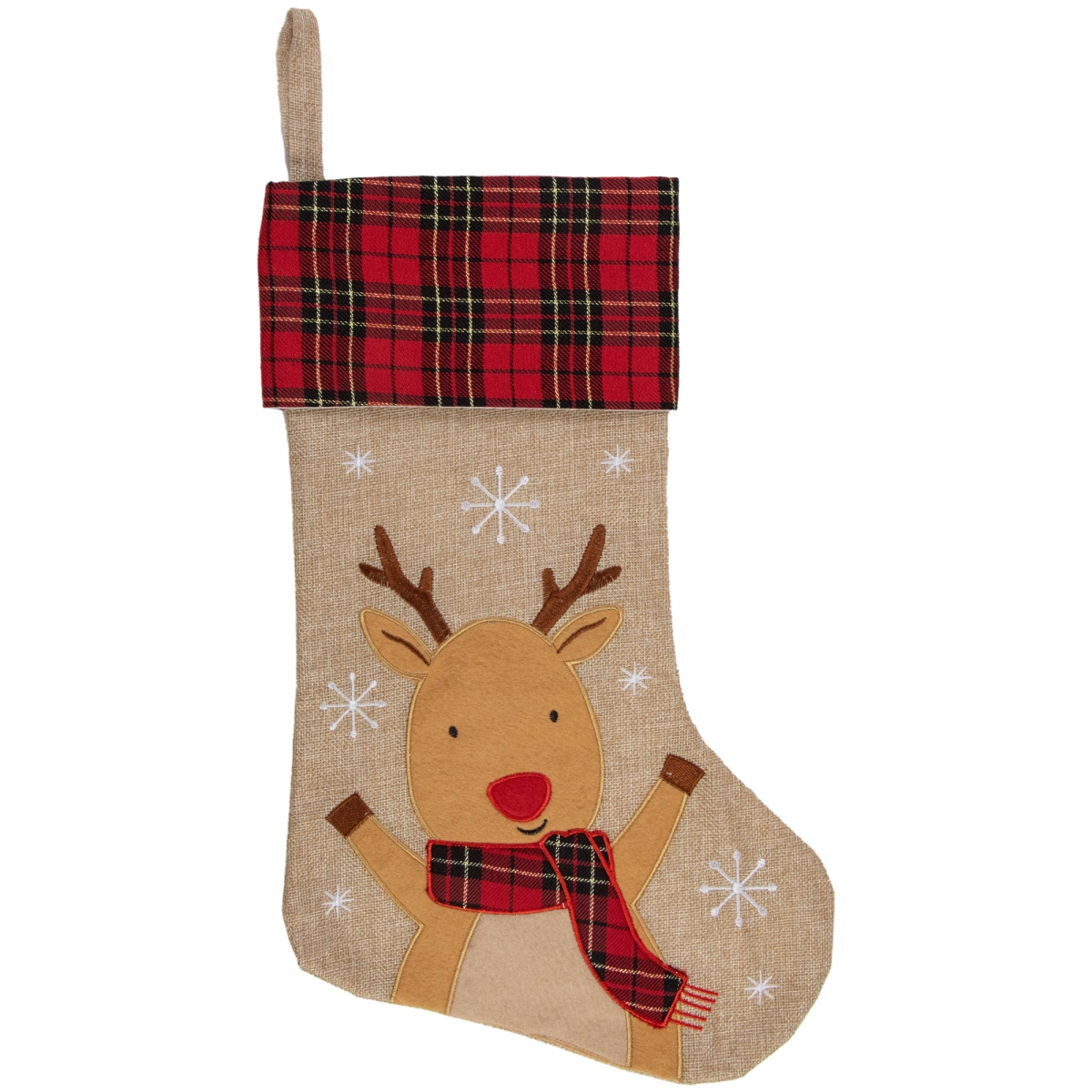 34314988 19 in. Burlap Plaid Whimsical Reindeer Waiving Christmas Stocking -  NorthLight