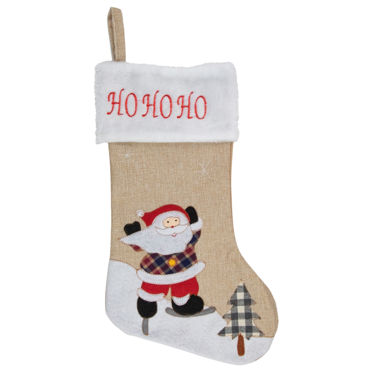 34314995 19 in. Burlap Ho Ho Ho Santa Claus Christmas Stocking, Beige & Red -  NorthLight