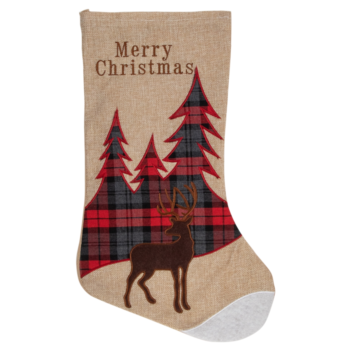 34314997 19 in. Plaid Reindeer with Forest Trees Christmas Stocking, Beige & Red -  NorthLight