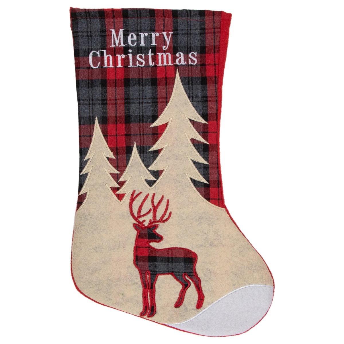 34314998 19 in. Plaid Reindeer with Forest Trees Christmas Stocking, Green & Red -  NorthLight