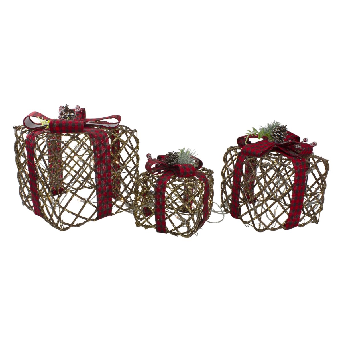 34314909 LED Rustic Rattan Christmas Gift Boxes with Pinecones - Set of 3 -  NorthLight