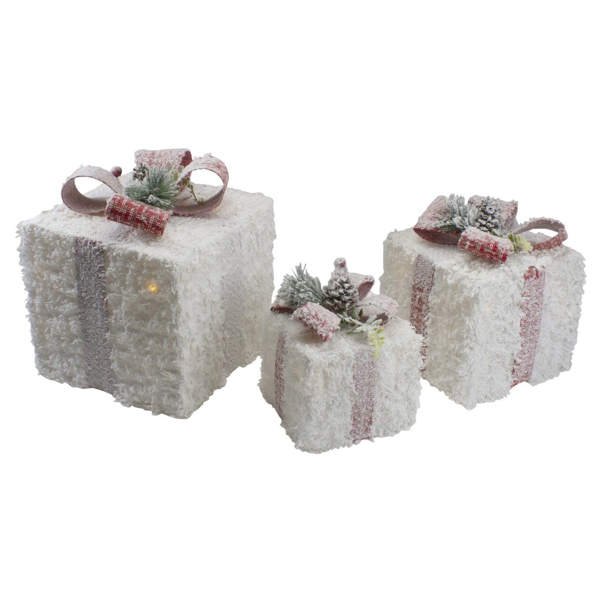 34314910 10 in. LED Frosted Rattan Christmas Gift Boxes with Pinecones - Set of 3 -  NorthLight