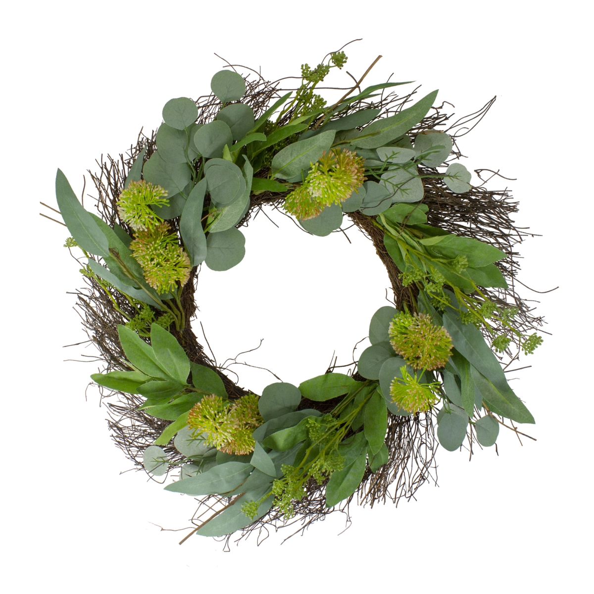 34769216 23 in. Dia. Eucalyptus & Olive Leaf Floral Twig Spring Wreath, Green