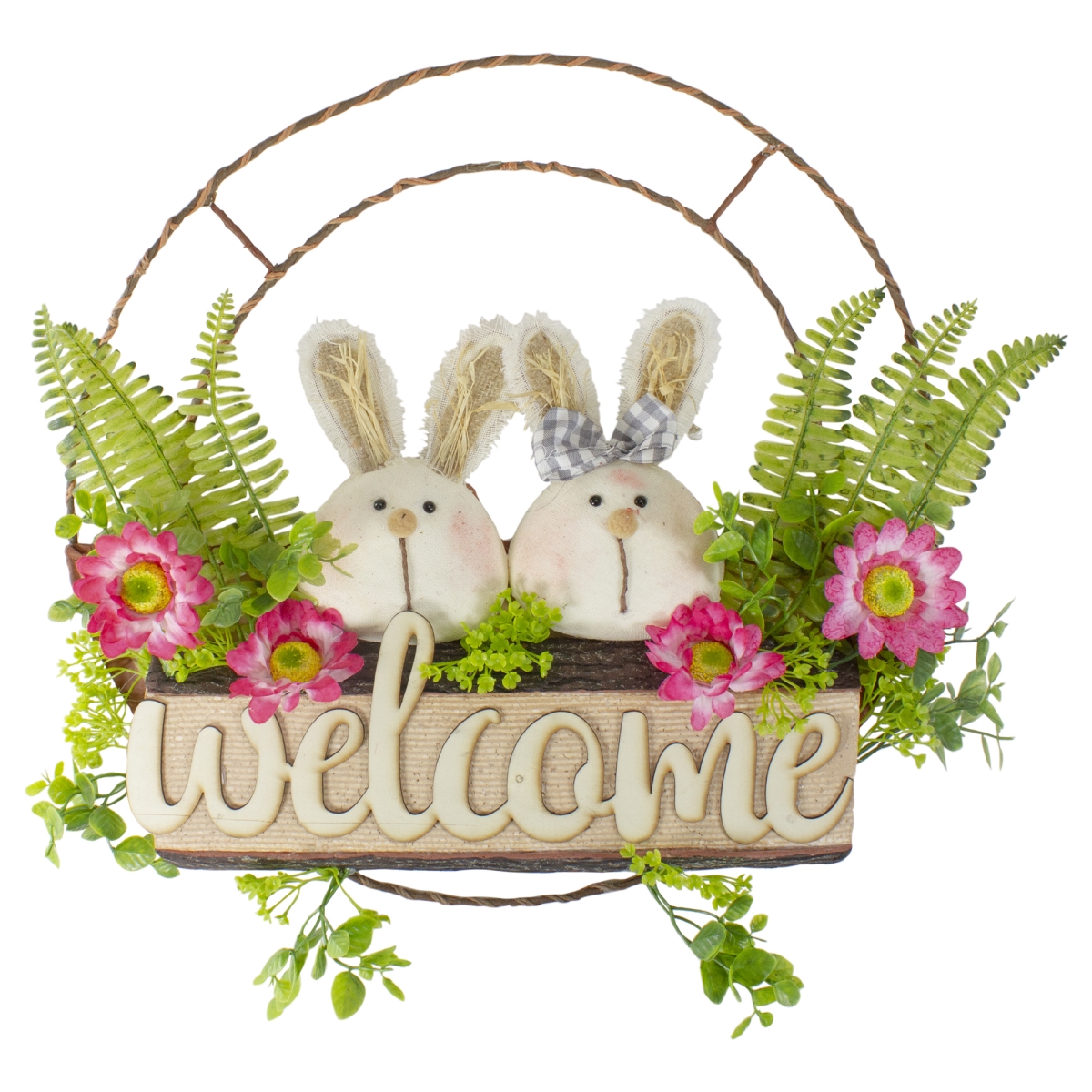 19 in. Dia. Easter Bunny Couple Floral Springtime Welcome Wreath, Pink & Green