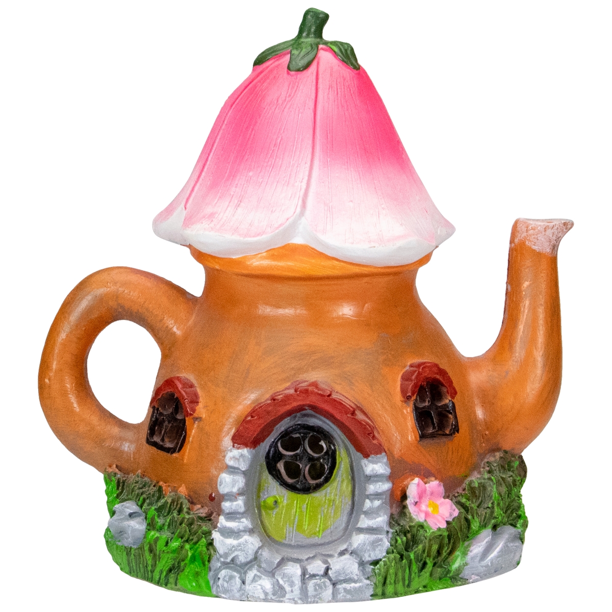 7 in. Solar Lighted Flower Tea Pot Outdoor Garden Statue