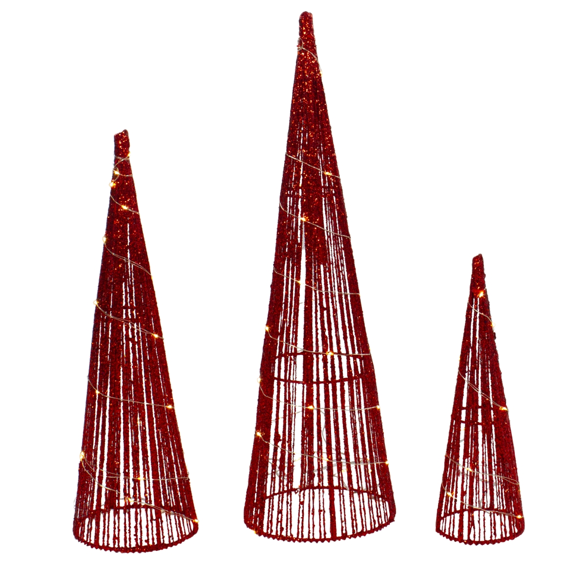 34860052 23.5 in. LED Lighted Red Glitter Cone Tree Outdoor Christmas Decorations - Set of 3 -  NorthLight