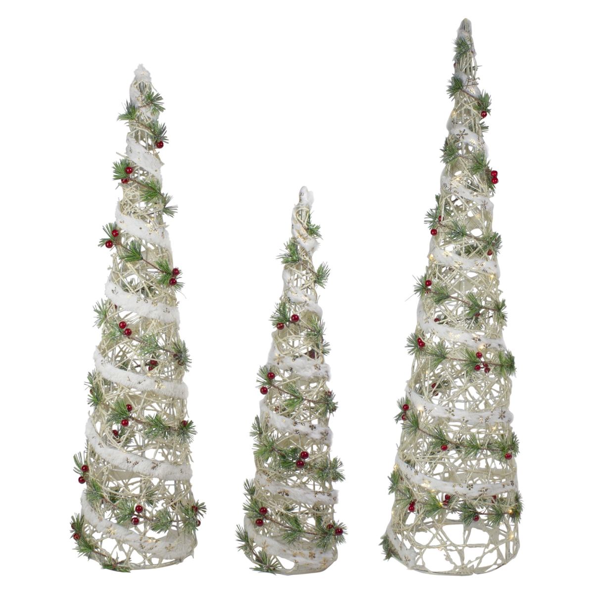 34314907 Lighted White Berry & Pine Needle Cone Tree Christmas Decorations, Set of 3 -  NorthLight