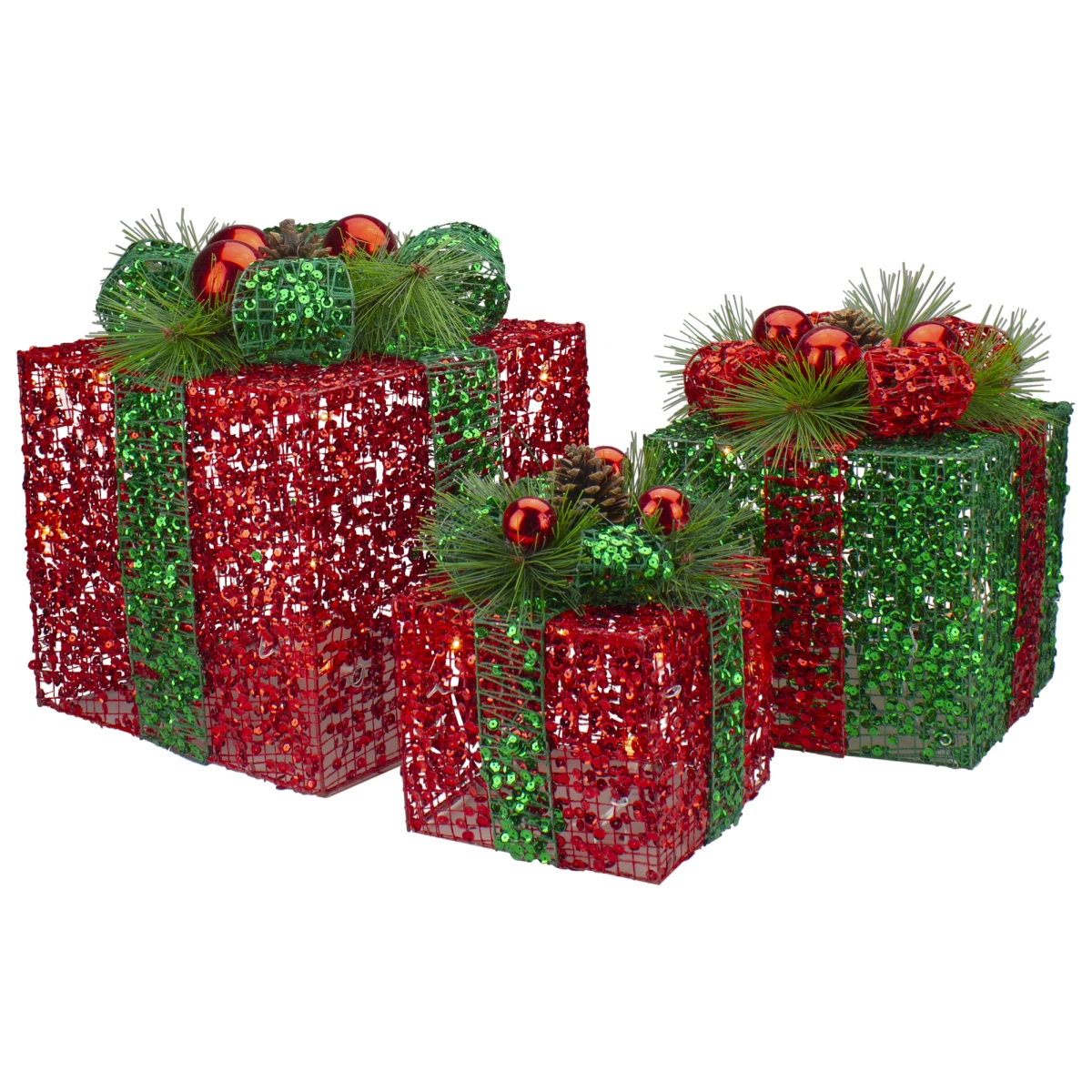 34859992 LED Lighted Glitter Threaded Gift Boxes Outdoor Christmas Decoration, Red & Green - Set of 3