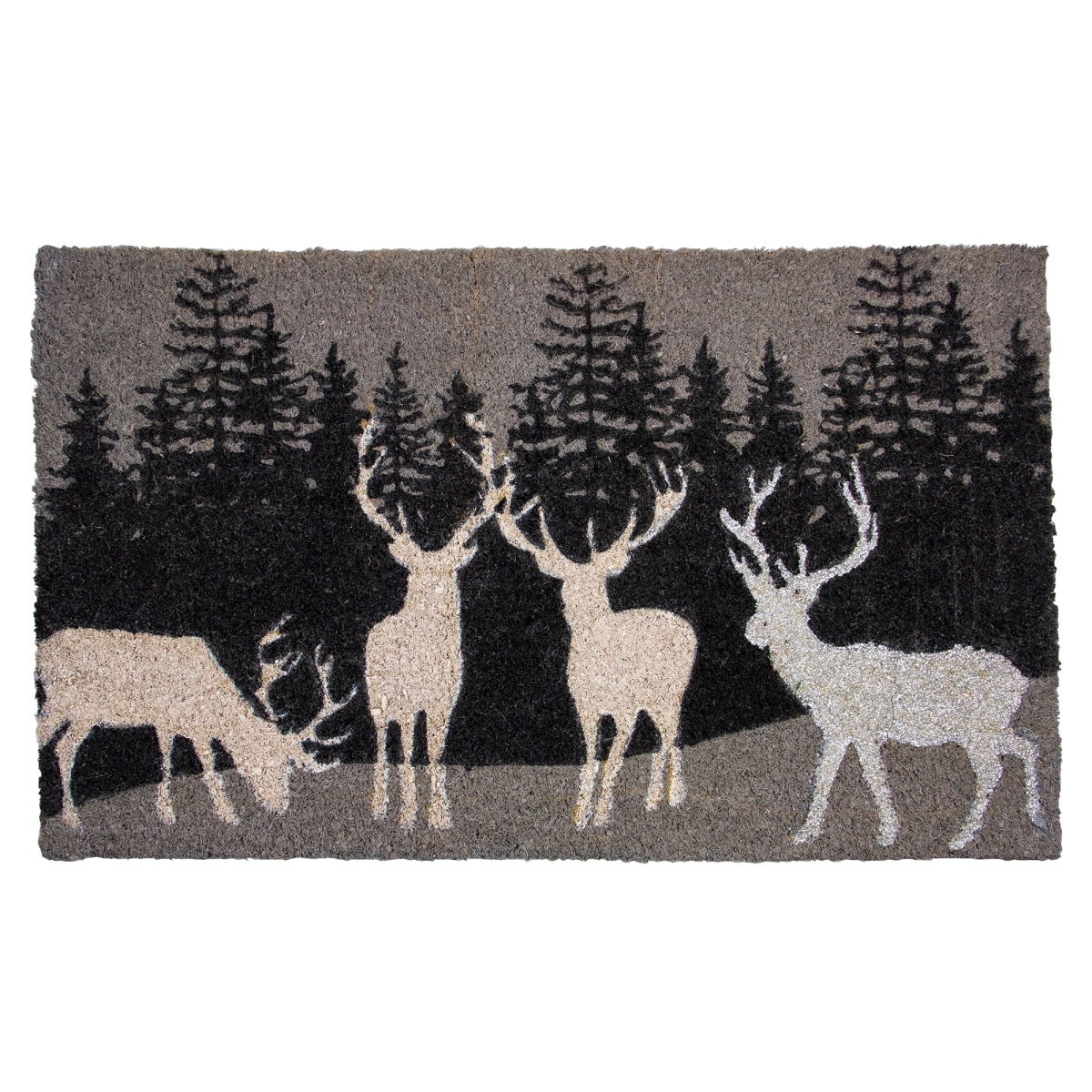 34865008 18 x 30 in. Natural Coir Rectangular Forest Reindeer Christmas Doormat, Black & White