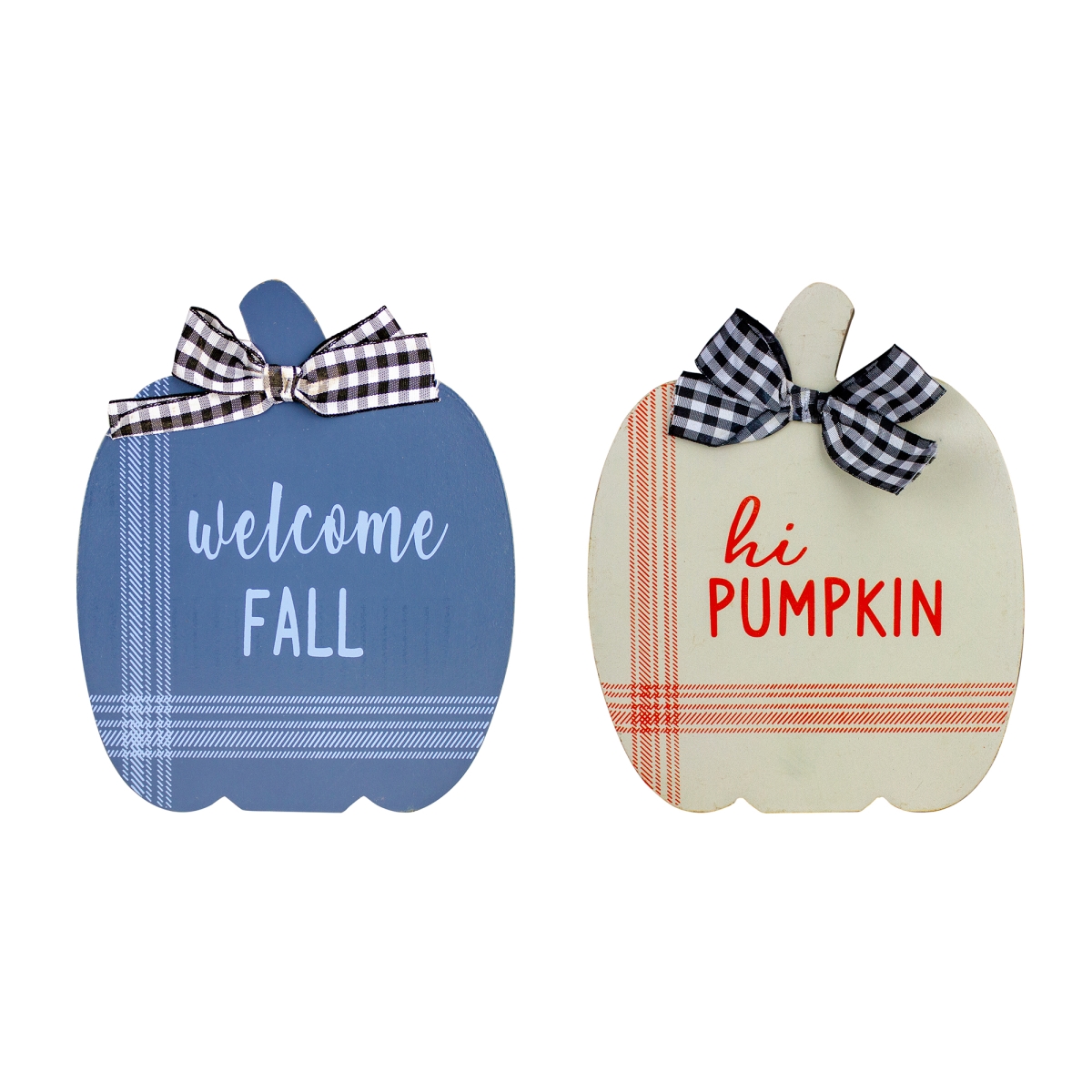 8 in. Blue & Beige Fall Harvest Wooden Pumpkin Welcome Plaques - Set of 2