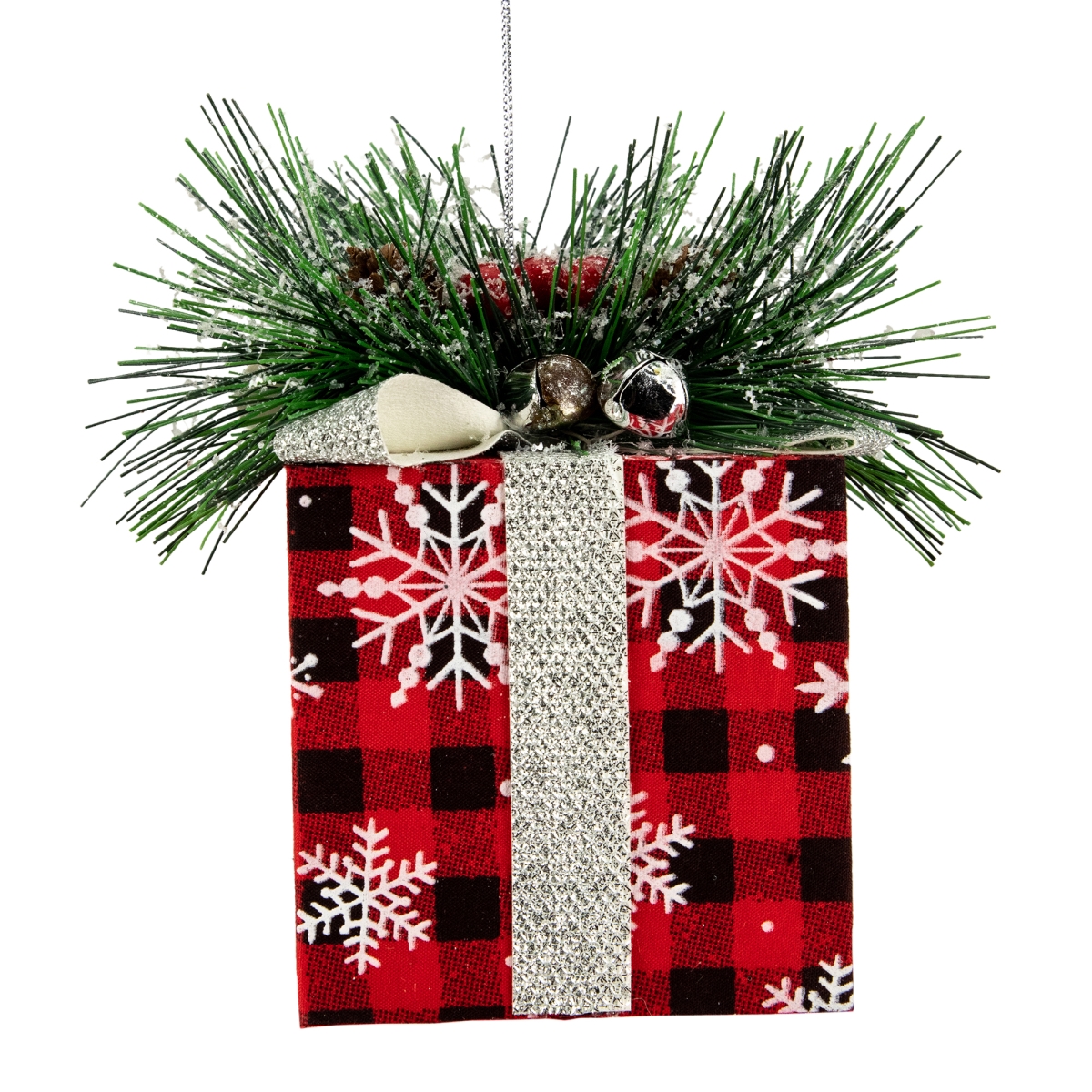 34881577 6 in. Black & Red Plaid Snowflake Christmas Pinecone Gift Box