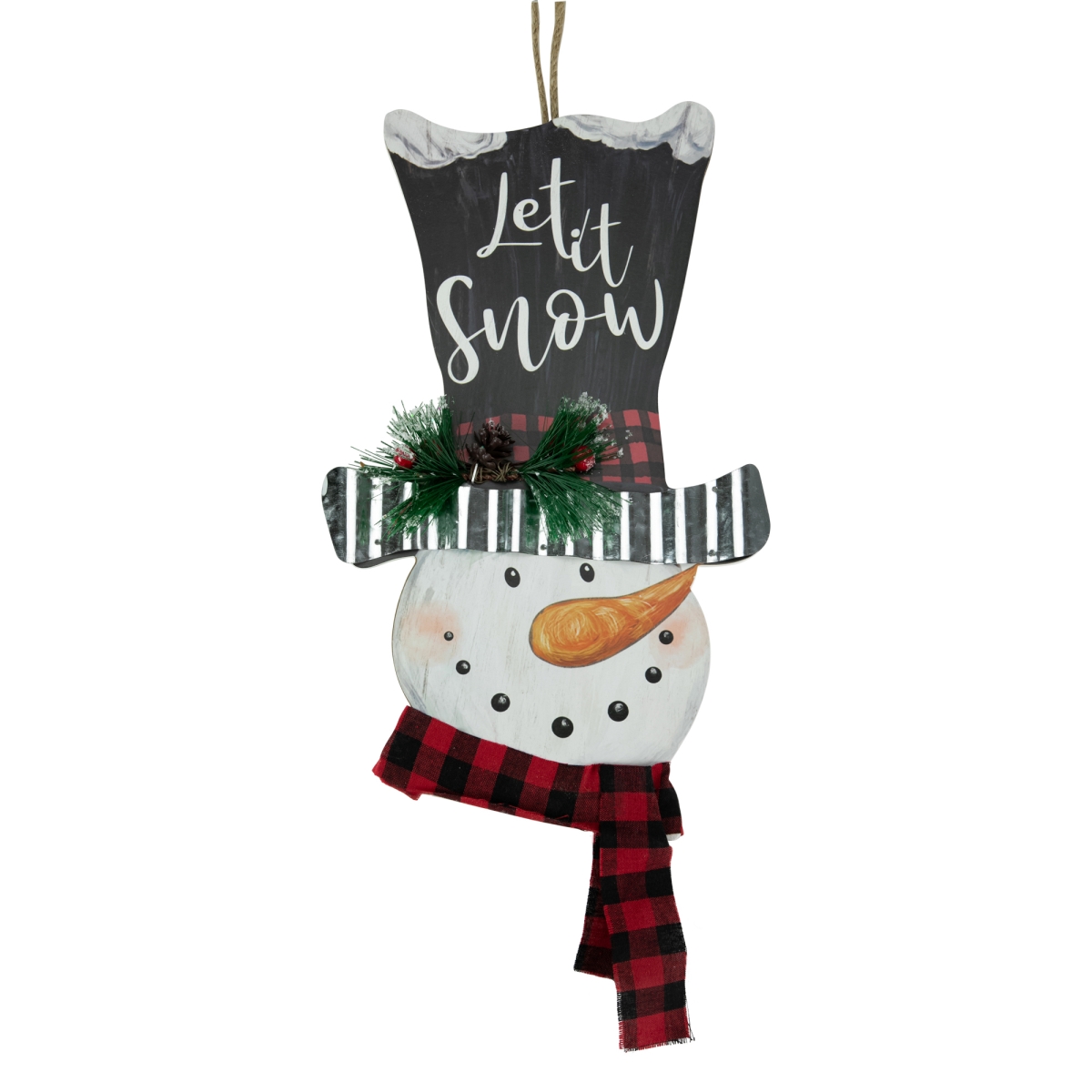 34861522 17 in. Wooden Let it Snow Snowman with Plaid Scarf Christmas Wall Sign