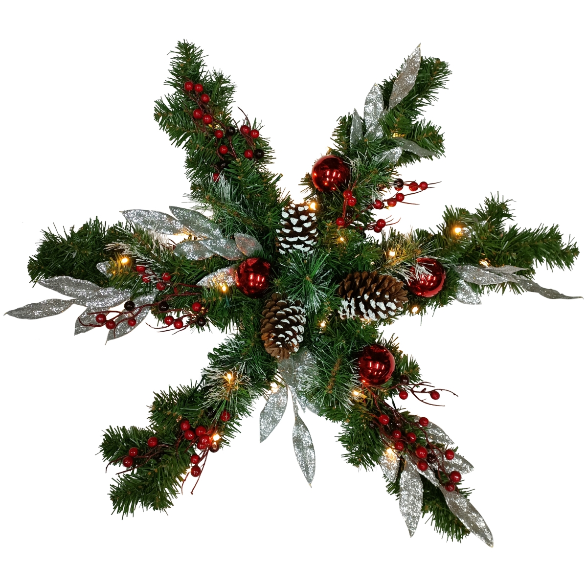 34936403 32 in. Pre-Lit Decorated Frosted Pine Cone & Berries Artificial Christmas Snowflake Wreath
