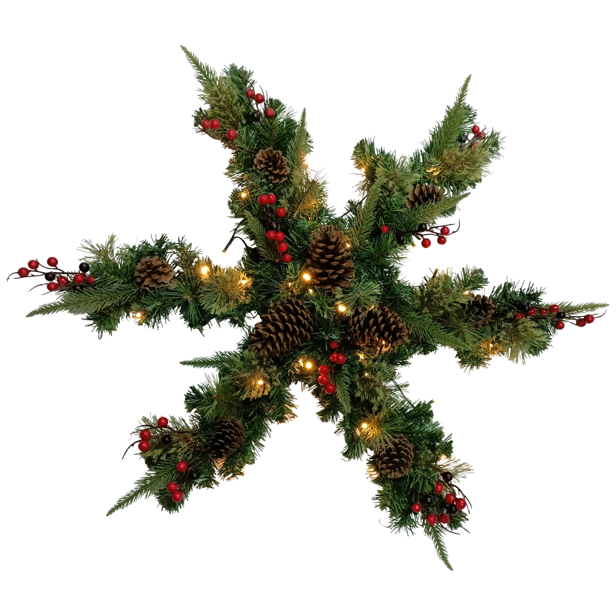 34936411 32 in. Pre-Lit Artificial Mixed Pine & Berries Christmas Snowflake Wreath
