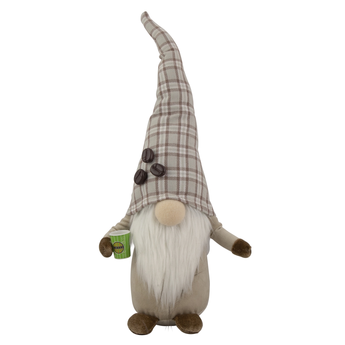 35118107 14 in. Beige Plaid Coffee Bean Gnome with Coffee Cup