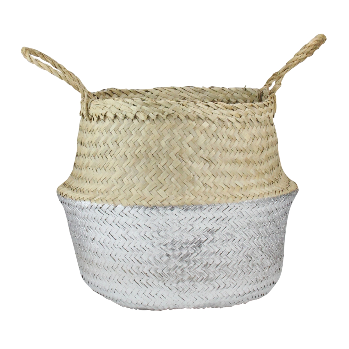 32840689 13 in. Seagrass Belly Wicker Basket with Handle, Beige & Silver