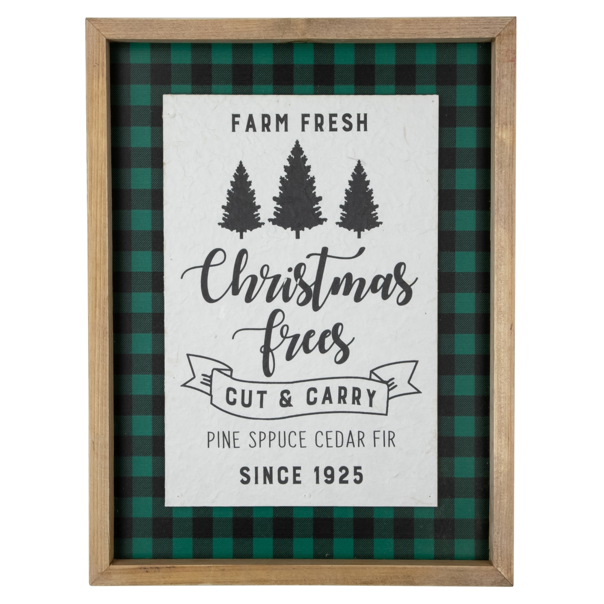 34866652 16 in. Buffalo Plaid Wooden Framed Farm Fresh Christmas Trees Wall Decor