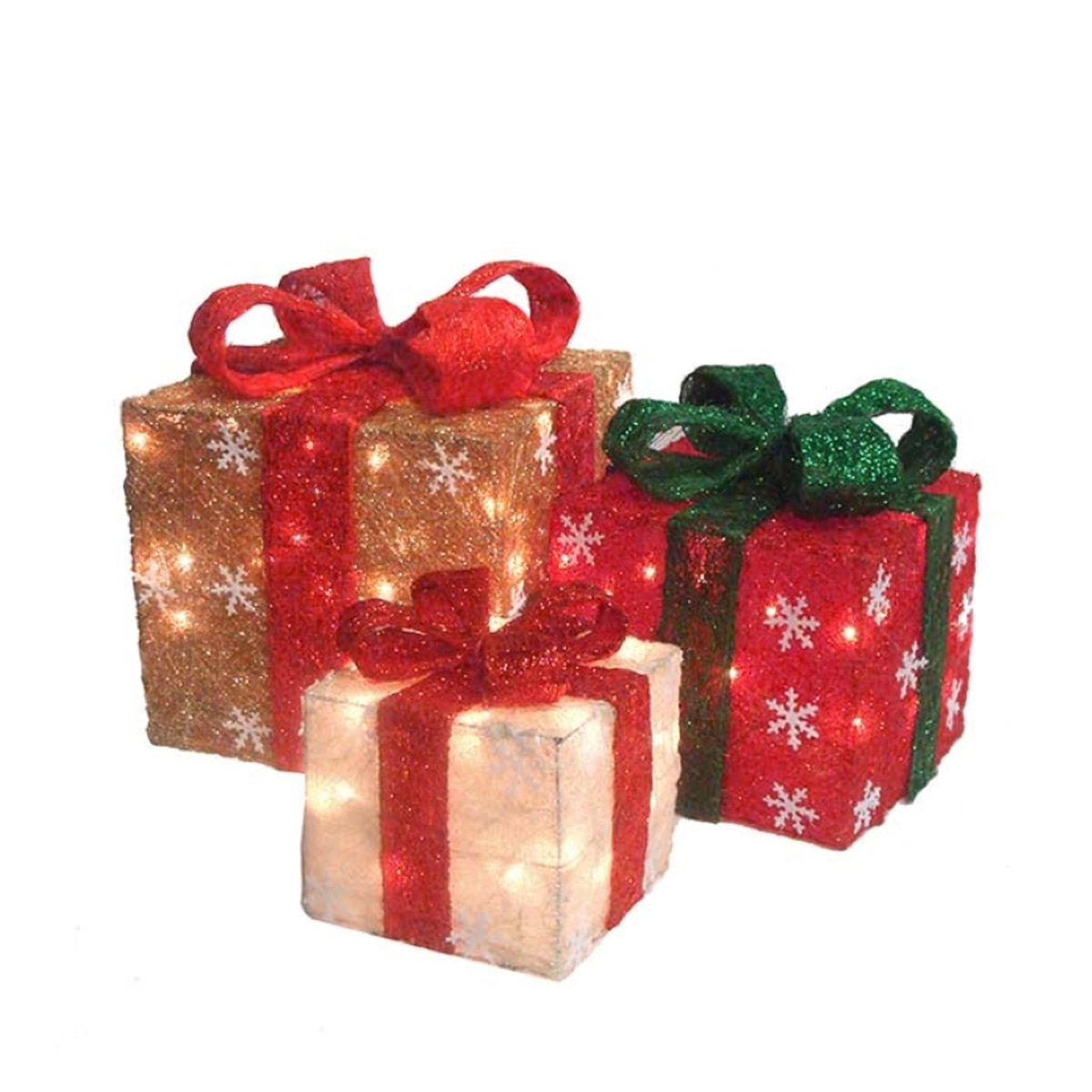 33374627 10 in. Pre Lit Red & Ivory Christmas Gift Boxes, Red & Ivory - Set of 3 -  NorthLight