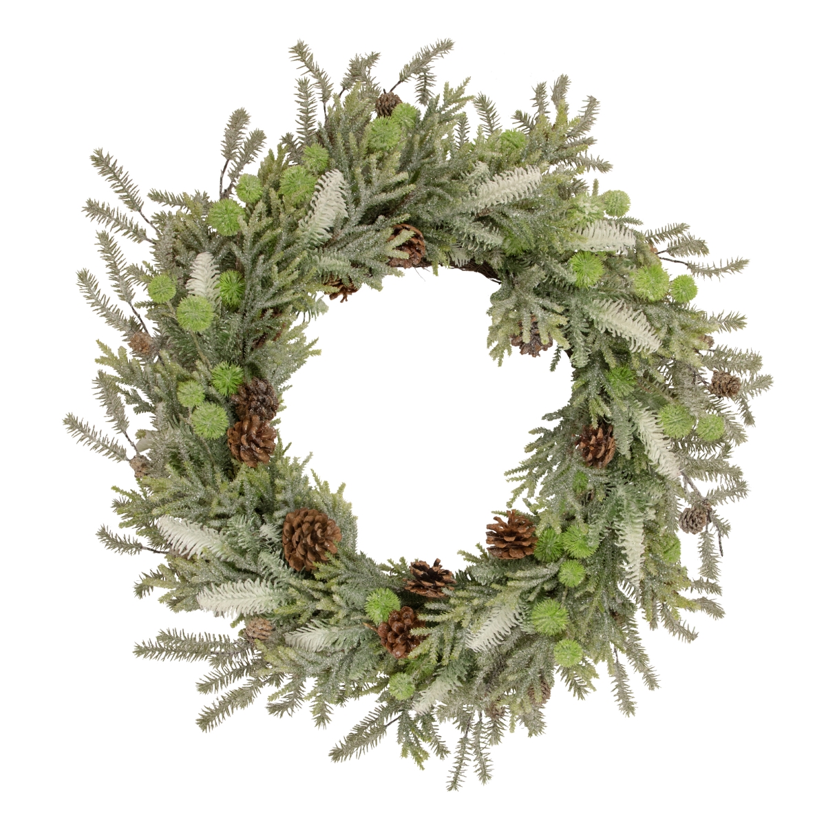 34865309 24 in. Frosted Pine & Pinecone Christmas Wreath, Unlit