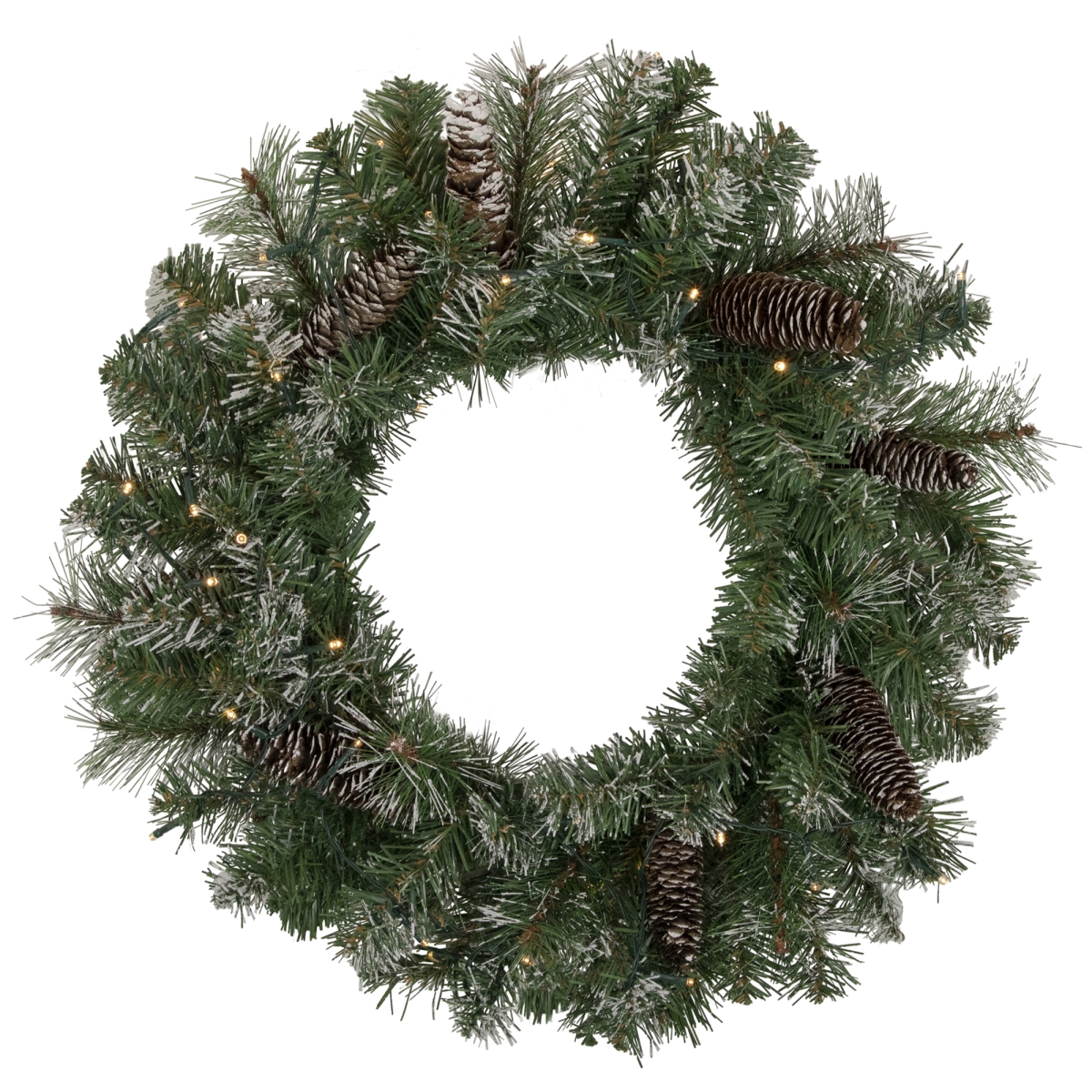 34936407 24 in. Pre-Lit Artificial Frosted Pine & Pine Cone Christmas Wreath