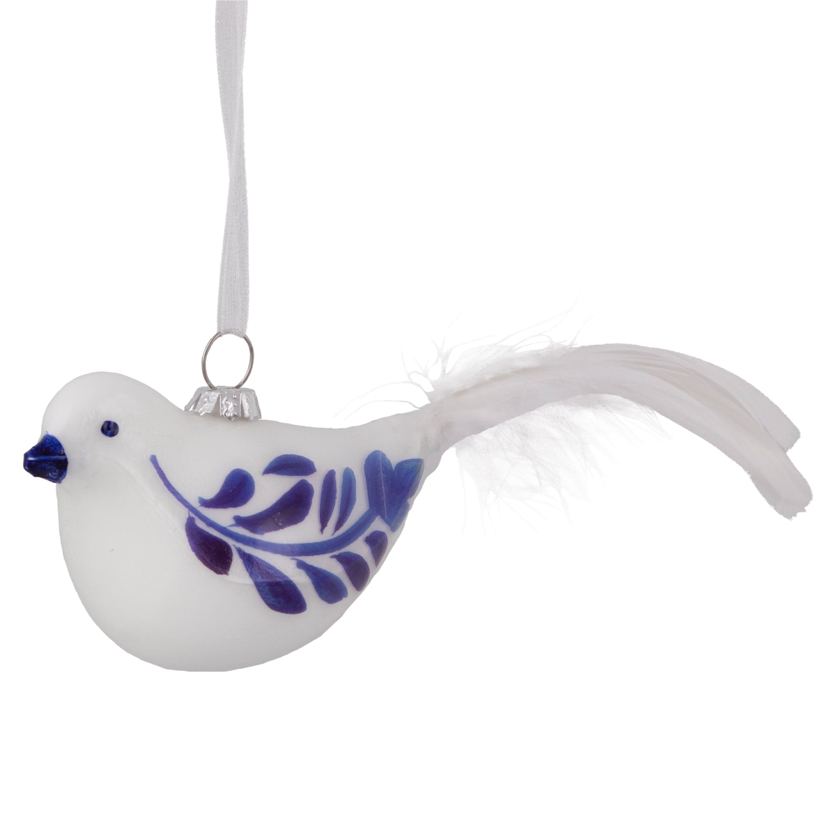 6.5 in. White & Blue Bird Glass Christmas Ornament