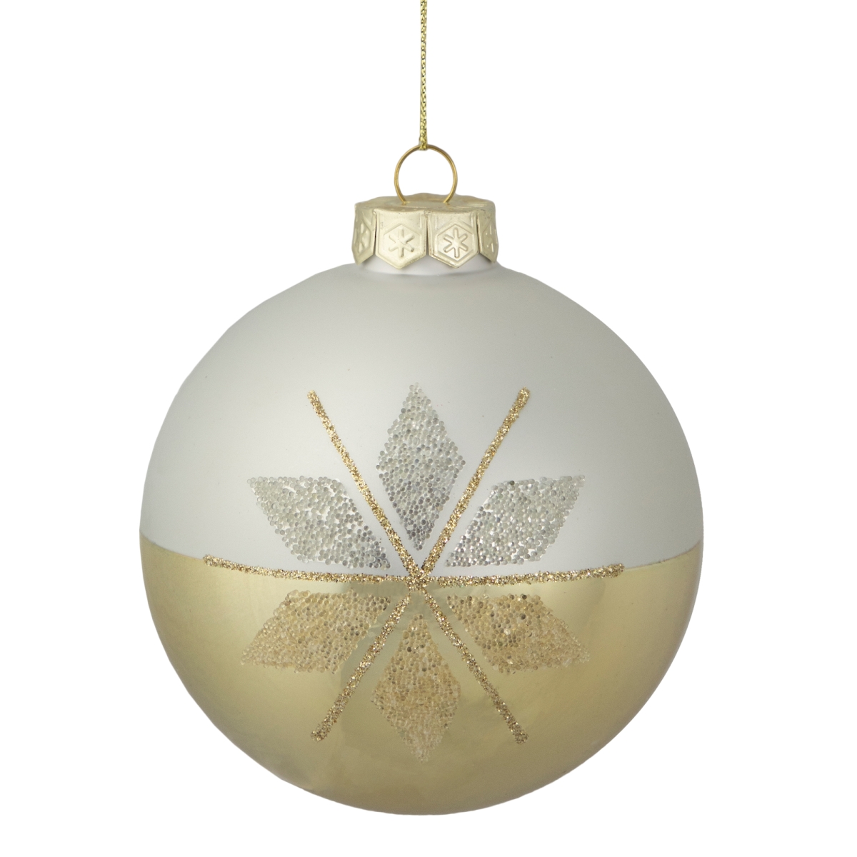 35254040 4.5 in. Glass Christmas Ball Ornament with Holly Leaves, Gold & White