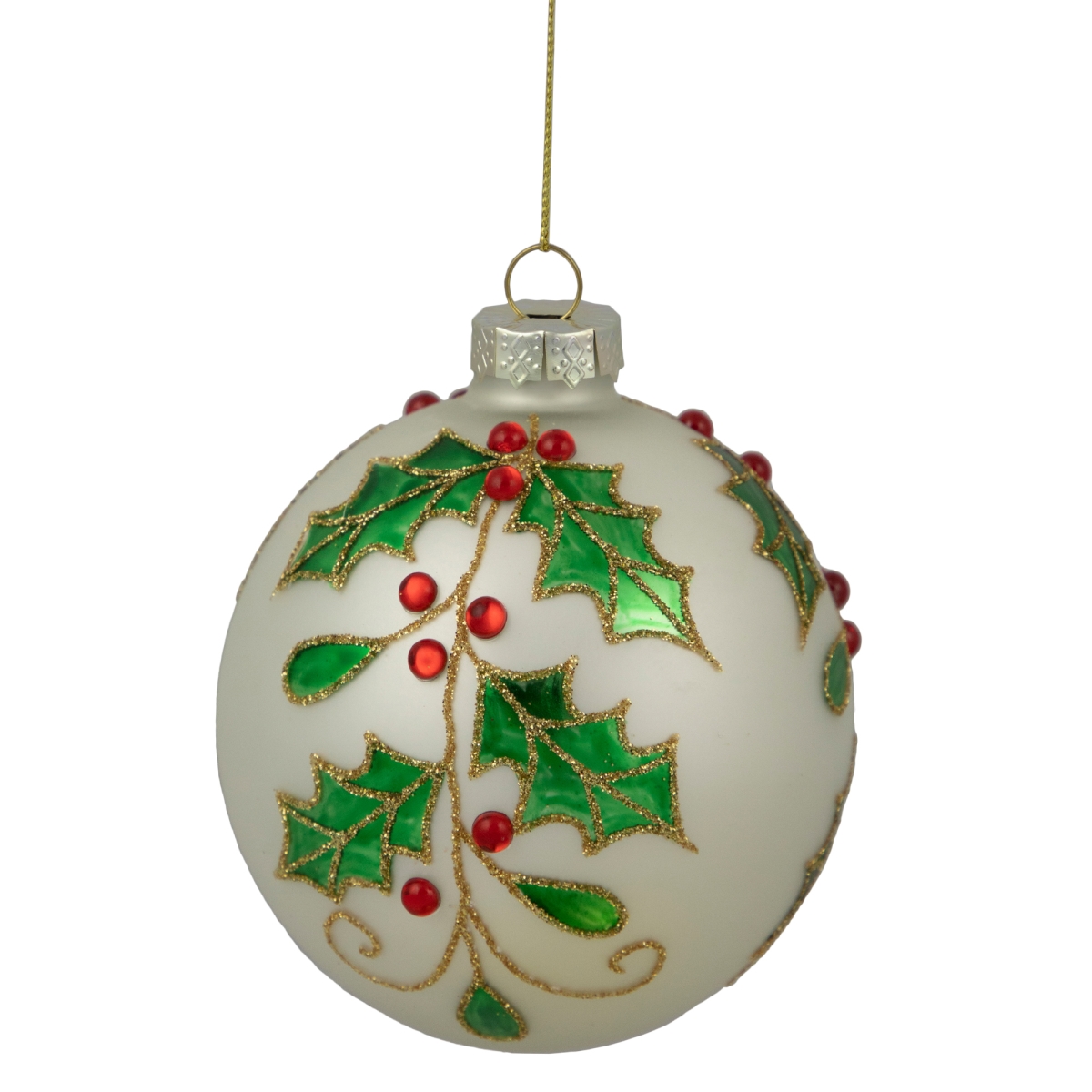 Picture of Northlight 35254043 4.5 in. Glass Christmas Ball Ornament with Holly Leaves, White