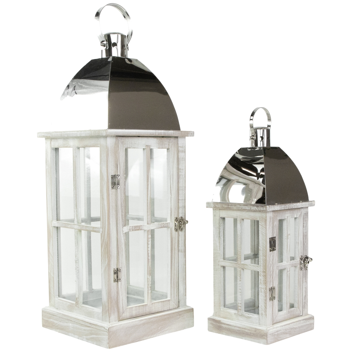 Picture of Northlight 35132876 21.5 in. Antique White Wood Candle Lanterns with Silver Tops, Set of 2