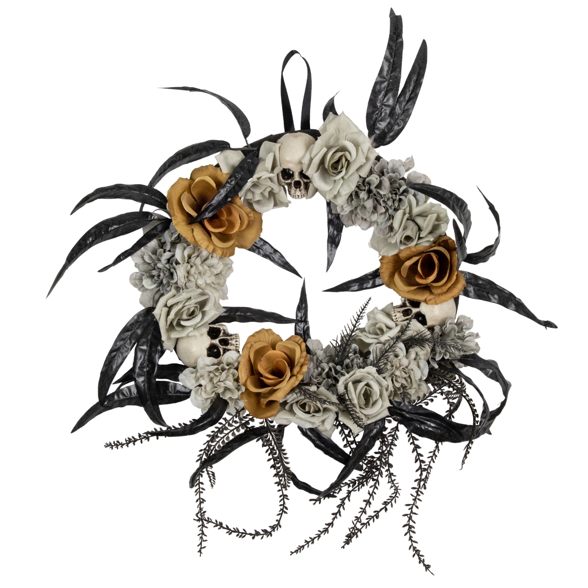 Picture of Northlight 35131177 14 in. Skulls with Orange & Gray Roses Halloween Wreath